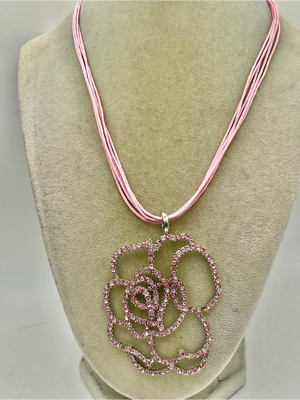 Pink Crystal Rose Pendant on Multi Cord Necklace. 15 inch/4 inch extender